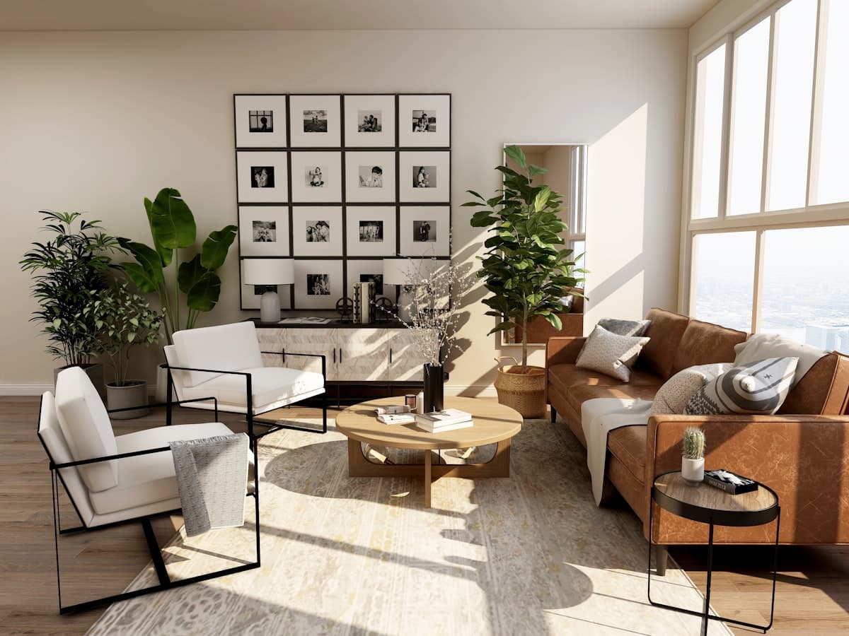 Beautifully staged living room with neutral tones, natural light, and modern furniture arrangement
