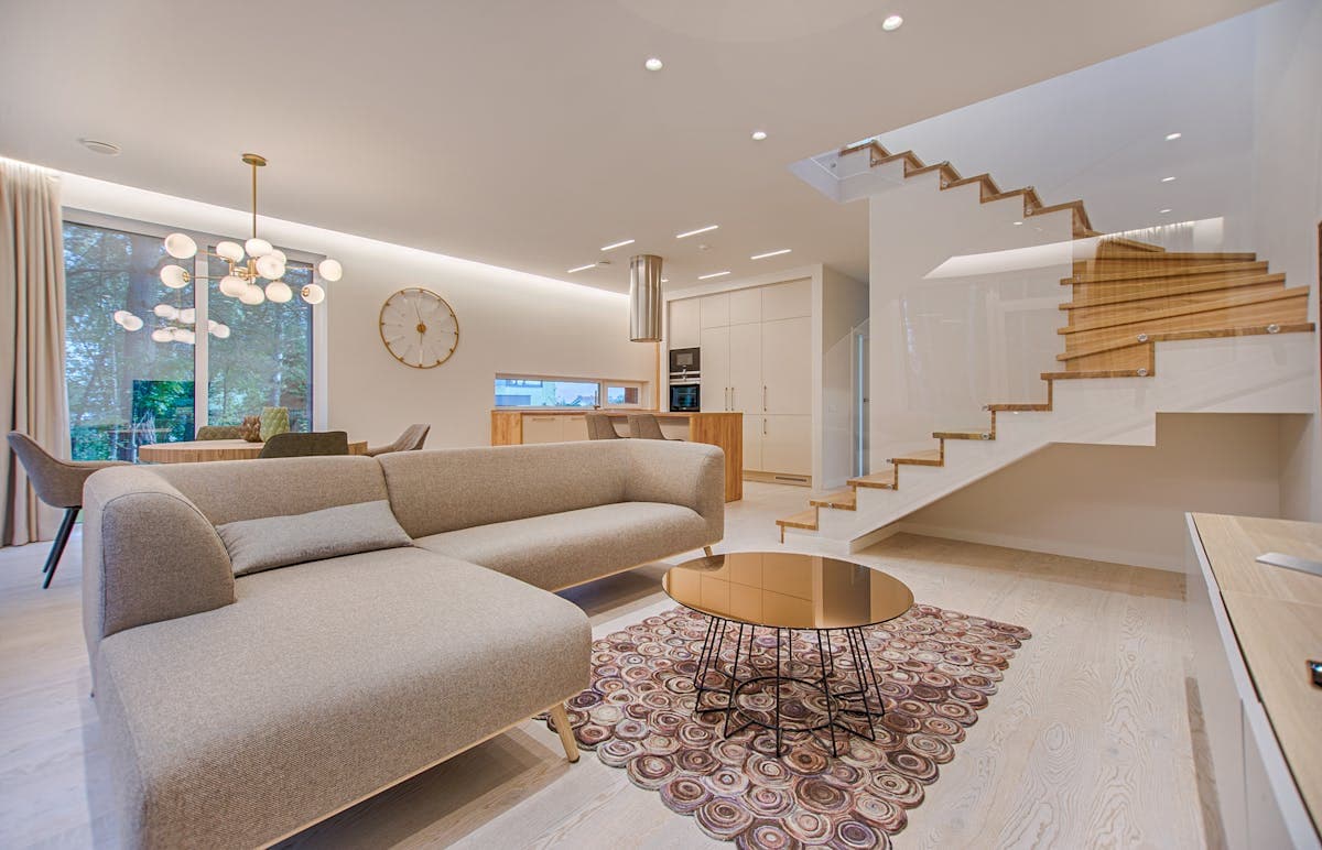 modern living room with integrated smart home devices and ambient lighting