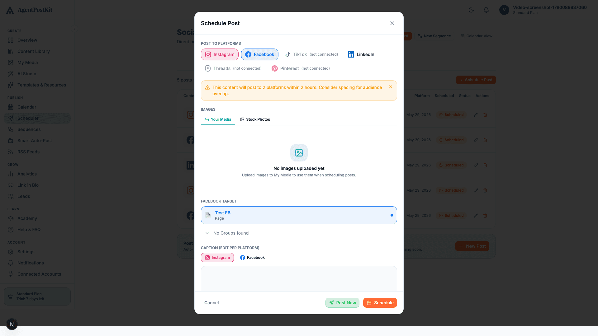 AgentPostKit scheduler modal screenshot