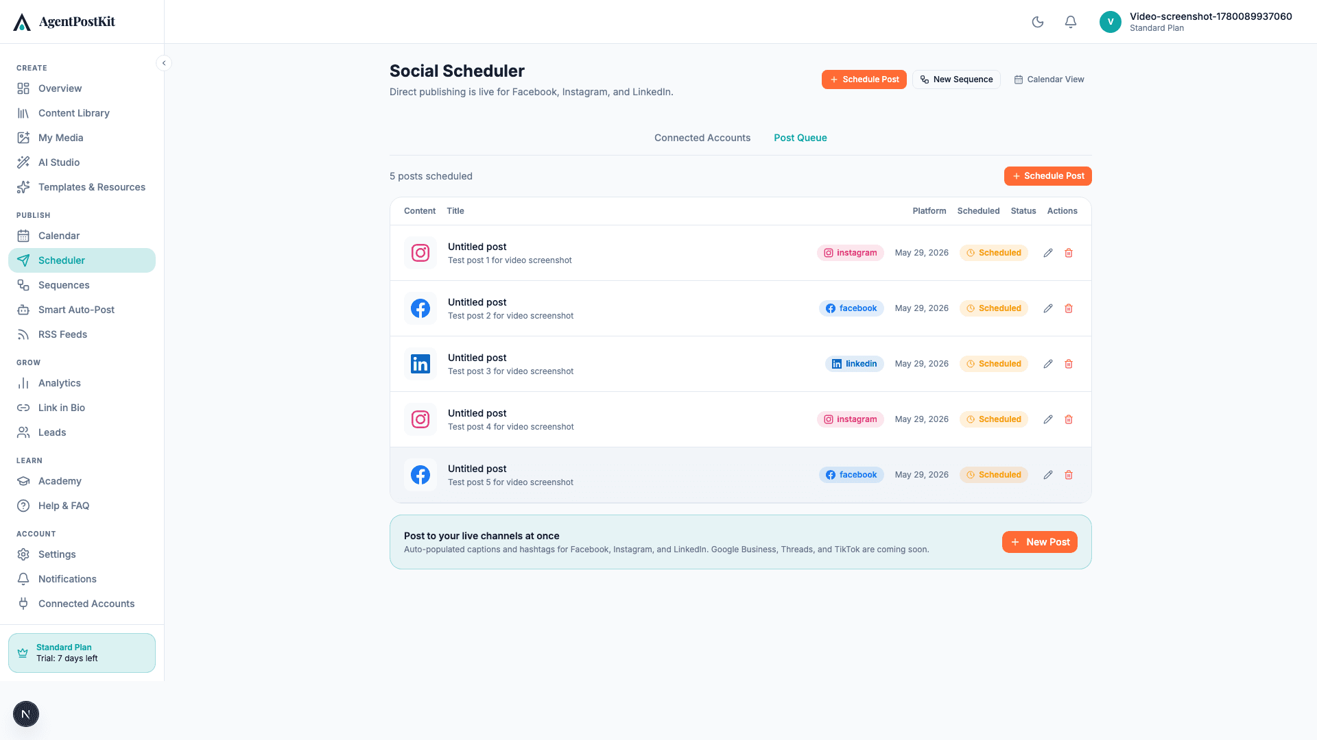 AgentPostKit scheduler dashboard showing planned real estate social posts