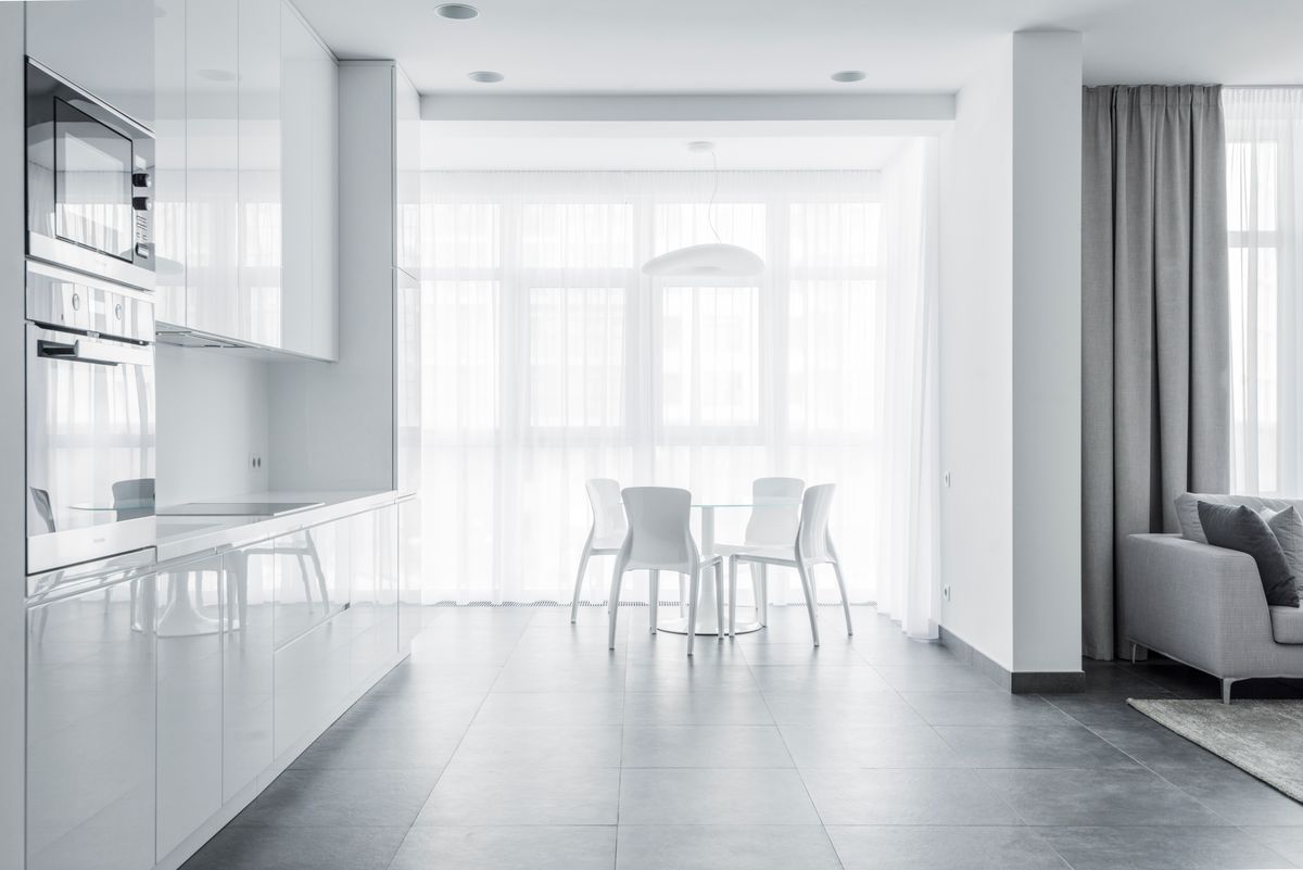 bright modern kitchen and dining area